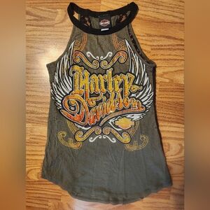 Harley-Davidson olive green lacey back tank top. EUC. Women's small.